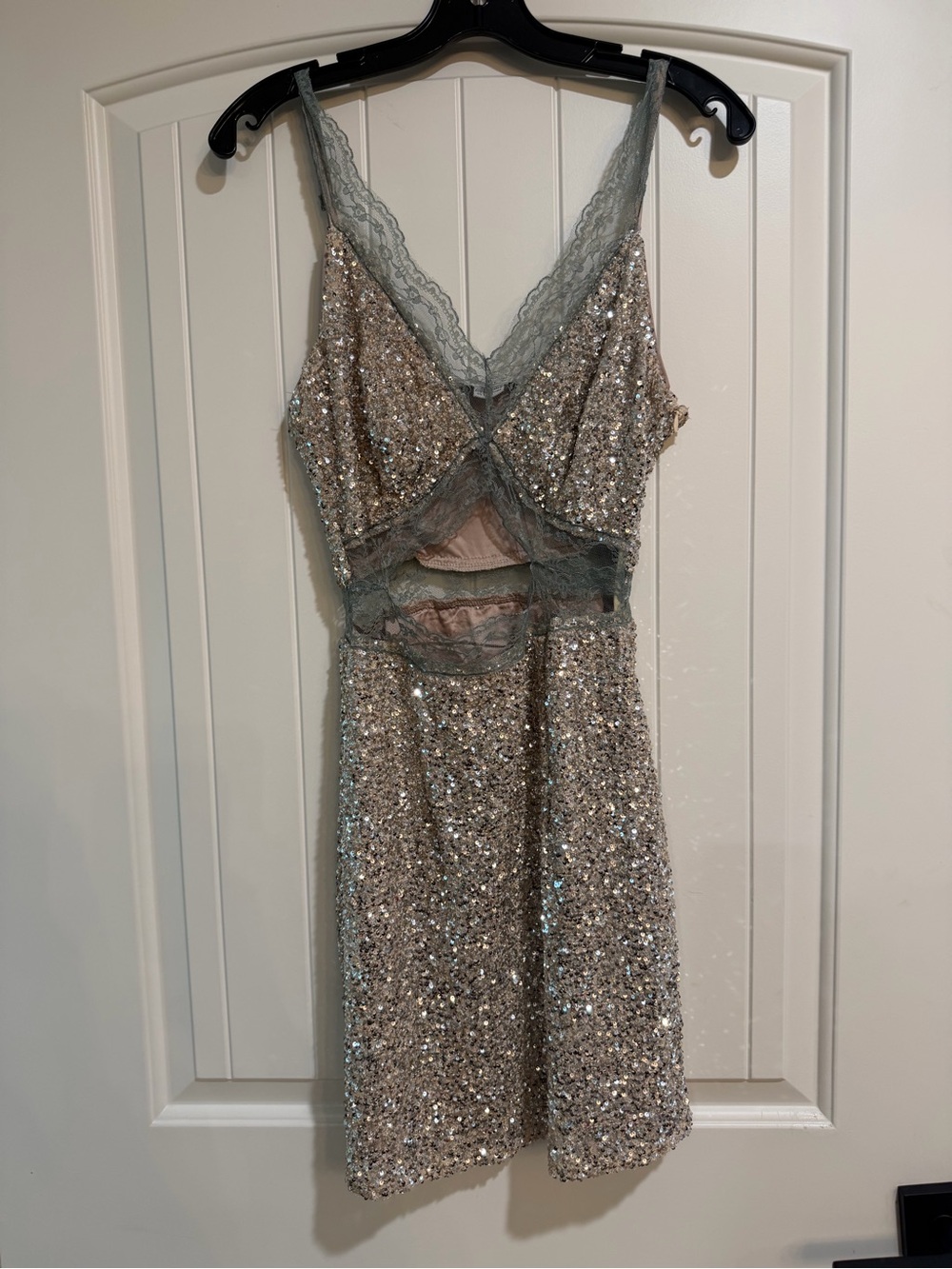 Never Fully Dressed Petite Mimi sequin lace mini dress in silver
